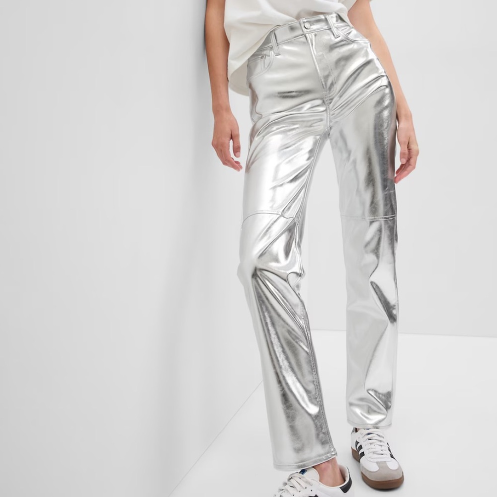 Gap Silver Metallic Foil Cheeky Straight High Rise Pants Size 14/32